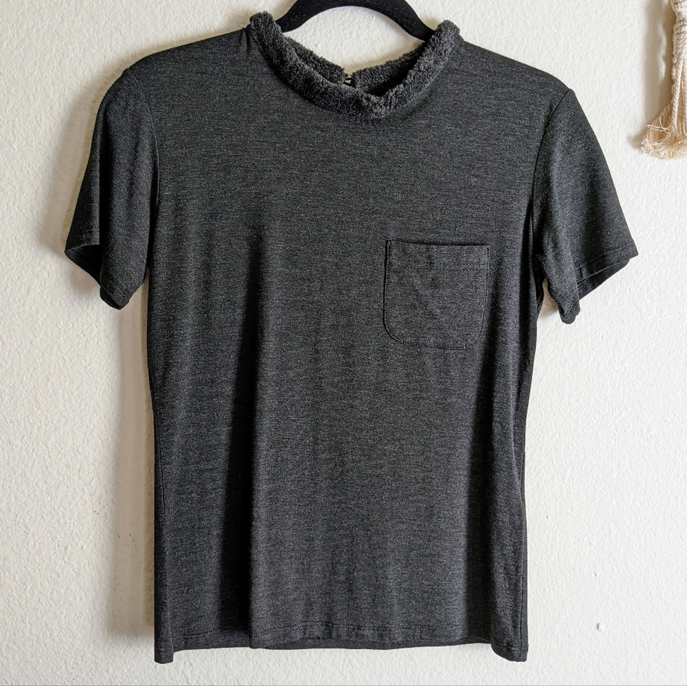 Vintage Fendi Short Sleeve Top Fuzzy Collar Neck Swinger International Dark Grey